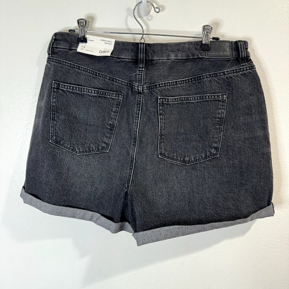 NWT American Eagle Curvy Mom Short Size 14 / 32W Black Denim Cuffed Stretch - Picture 6 of 11